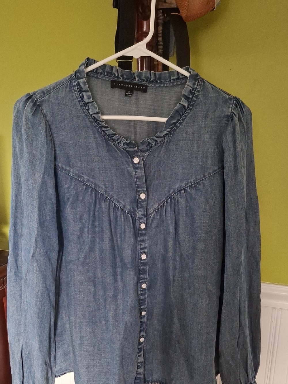 Jane And Delancey Denim-Style Ruffle Collar Button-Front Top - Light Blue